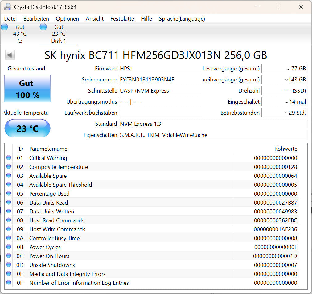 SK hynix HFM256GD3JX013N 256GB M.2 NVMe SSD PCIe 3.0 2280 PC Notebook Festplatte
