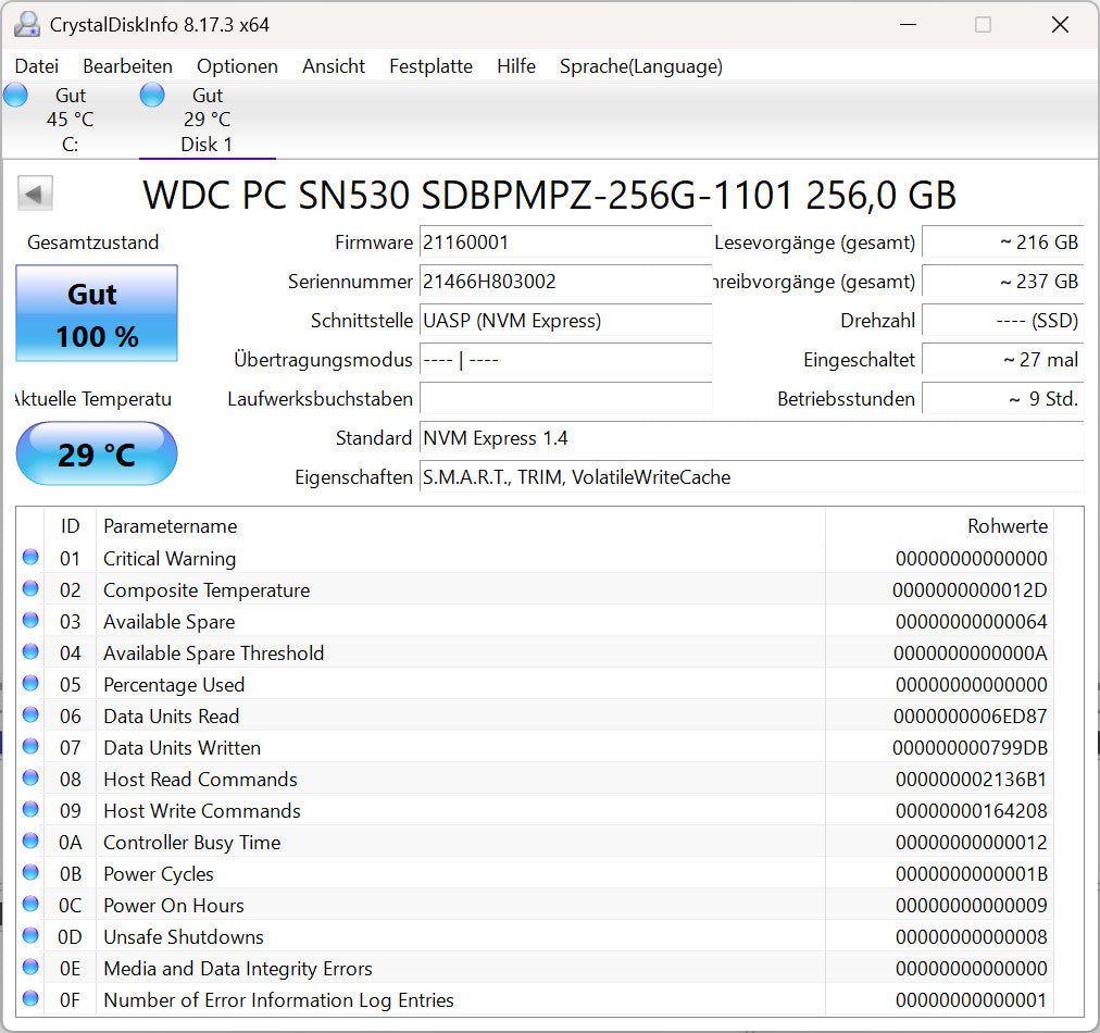Western Digital WD SN530 256GB M.2 NVMe SSD PCIe 3.0 x4 2242 Notebook Festplatte