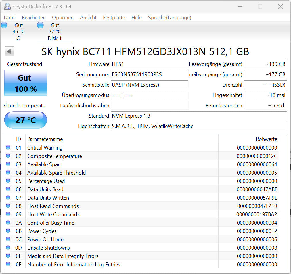 SK hynix HFM512GD3JX013N 512GB M.2 NVMe SSD PCIe 3.0 2280 PC Notebook Festplatte