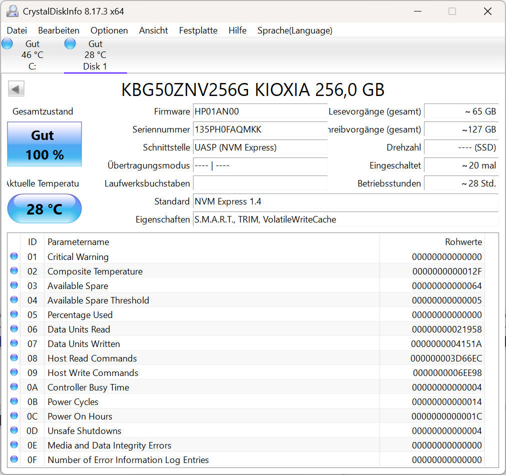 KIOXIA KBG50ZNV256G 256GB M.2 NVMe SSD PCIe 4.0 2280 PC Notebook Festplatte