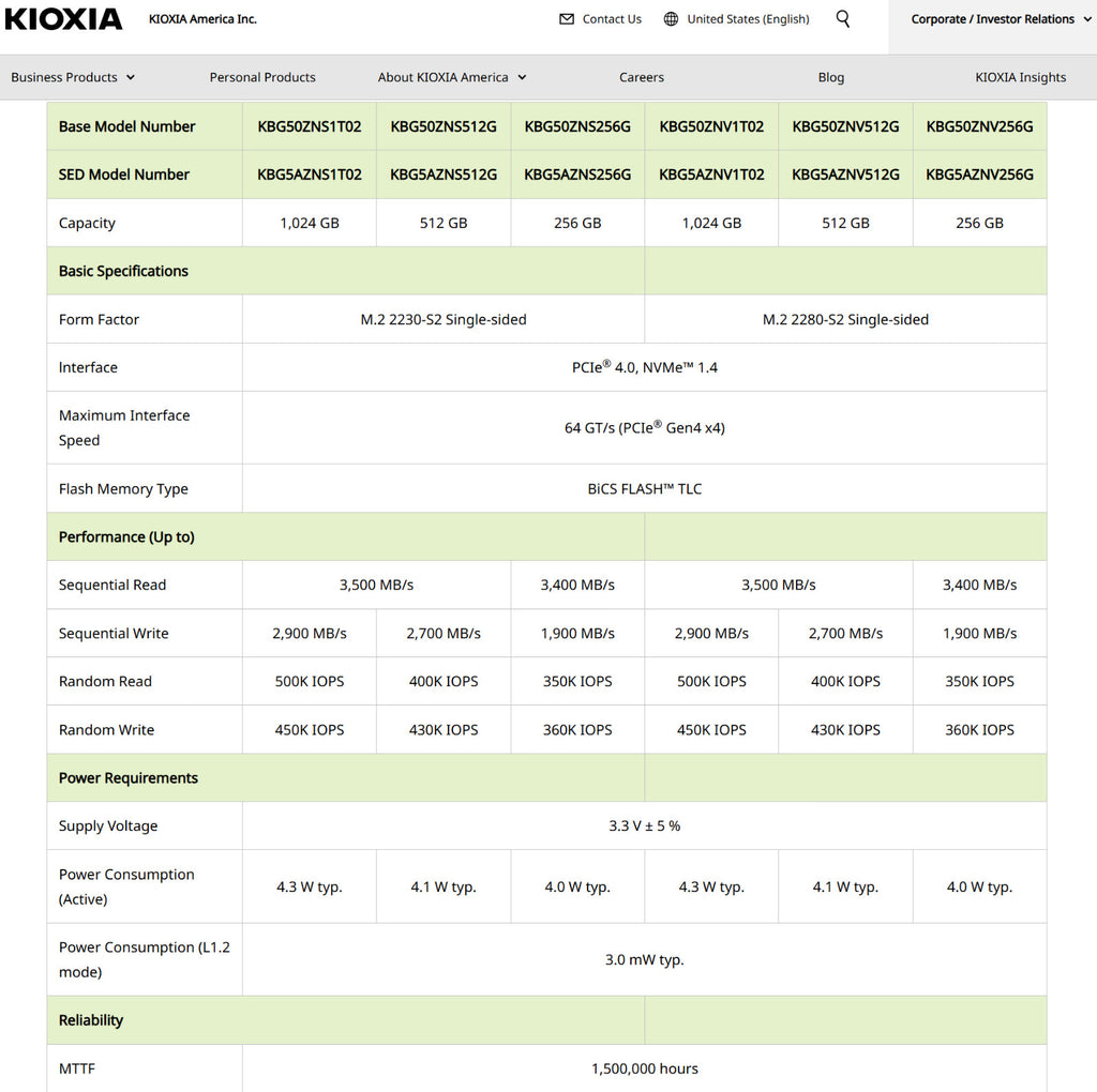 KIOXIA KBG50ZNV256G 256GB M.2 NVMe SSD PCIe 4.0 2280 PC Notebook Festplatte