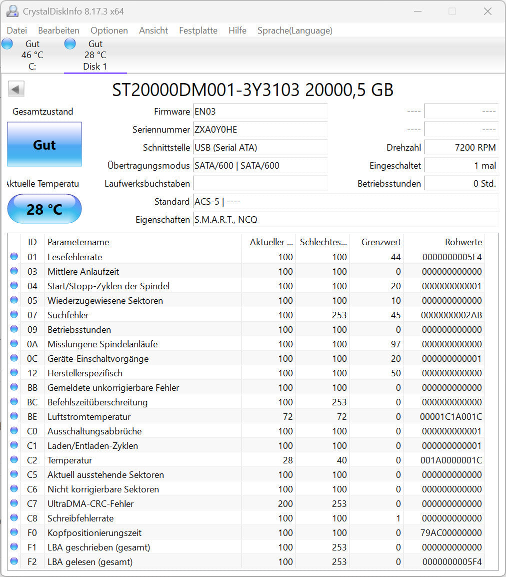 Seagate BarraCuda HDD ST20000DM001 - 20TB 3,5 Zoll CMR SATA3  20 TB