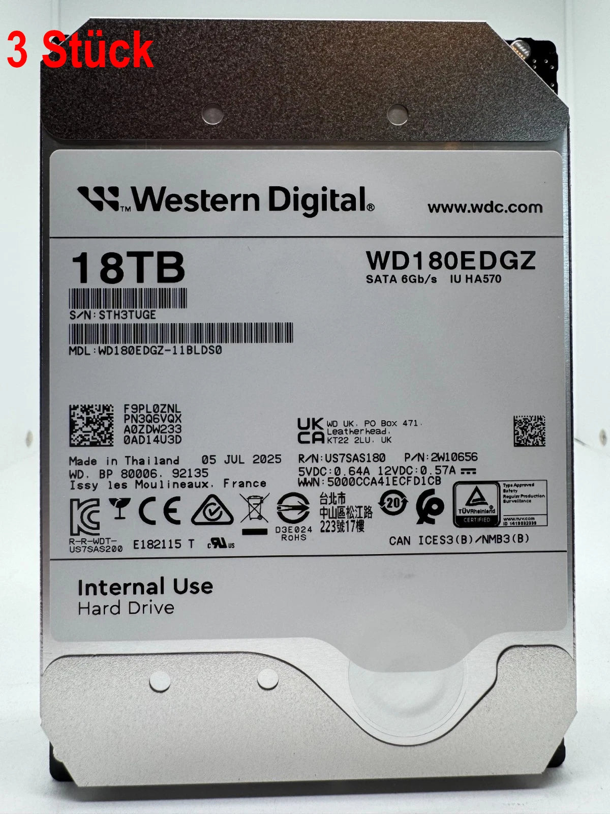 3 Stück Western Digital WD180EDGZ interne Festplatte 18TB SATA3 NAS 3,5 Zoll