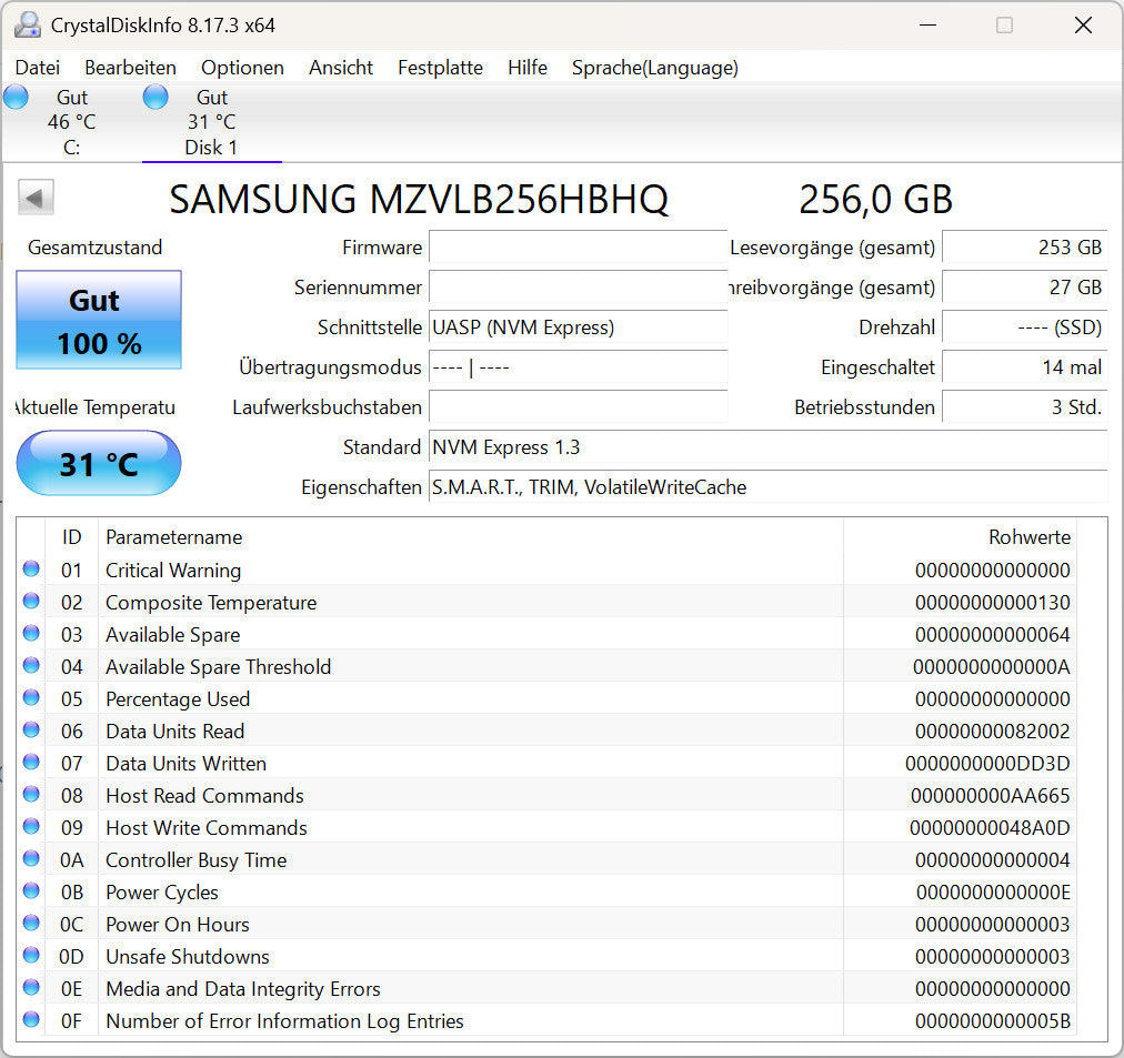 Samsung PM981a 256GB M.2 NVMe SSD PCIe 3.0 x4 2280 PC Laptop Notebook Festplatte